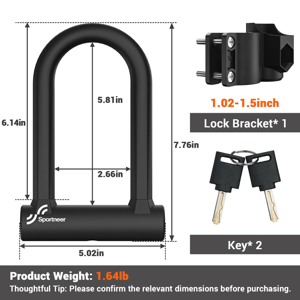 Sportneer Bike Lock - 17mm Shackle Heavy Duty Anti Theft Bike U Lock with 2 Keys - Bicycle U-Locks with Sturdy Mounting Bracket