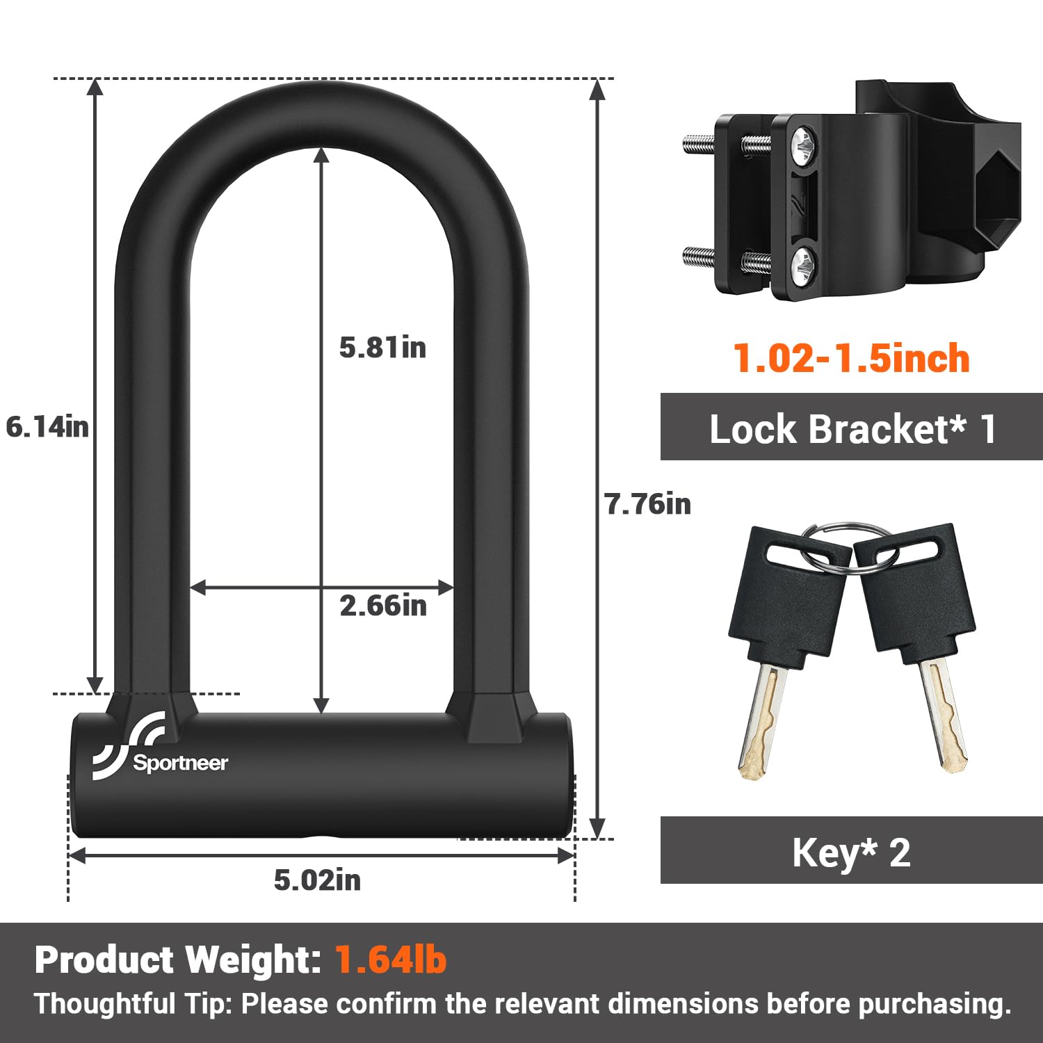 Sportneer Bike Lock - 17mm Shackle Heavy Duty Anti Theft Bike U Lock with 2 Keys - Bicycle U-Locks with Sturdy Mounting Bracket