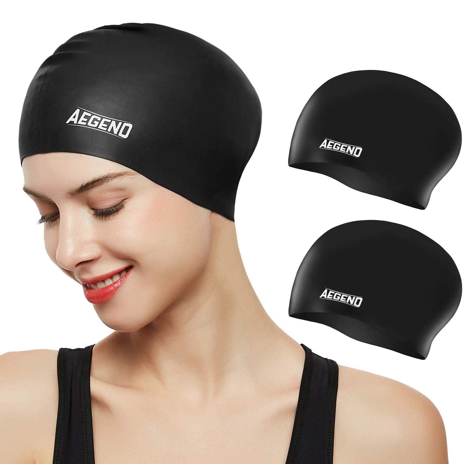 Aegend Swim Caps For Long Hair (2 Pack), Durable Silicone Swimming Caps With Spacious Space For Women Men Adults, Easy To Put On