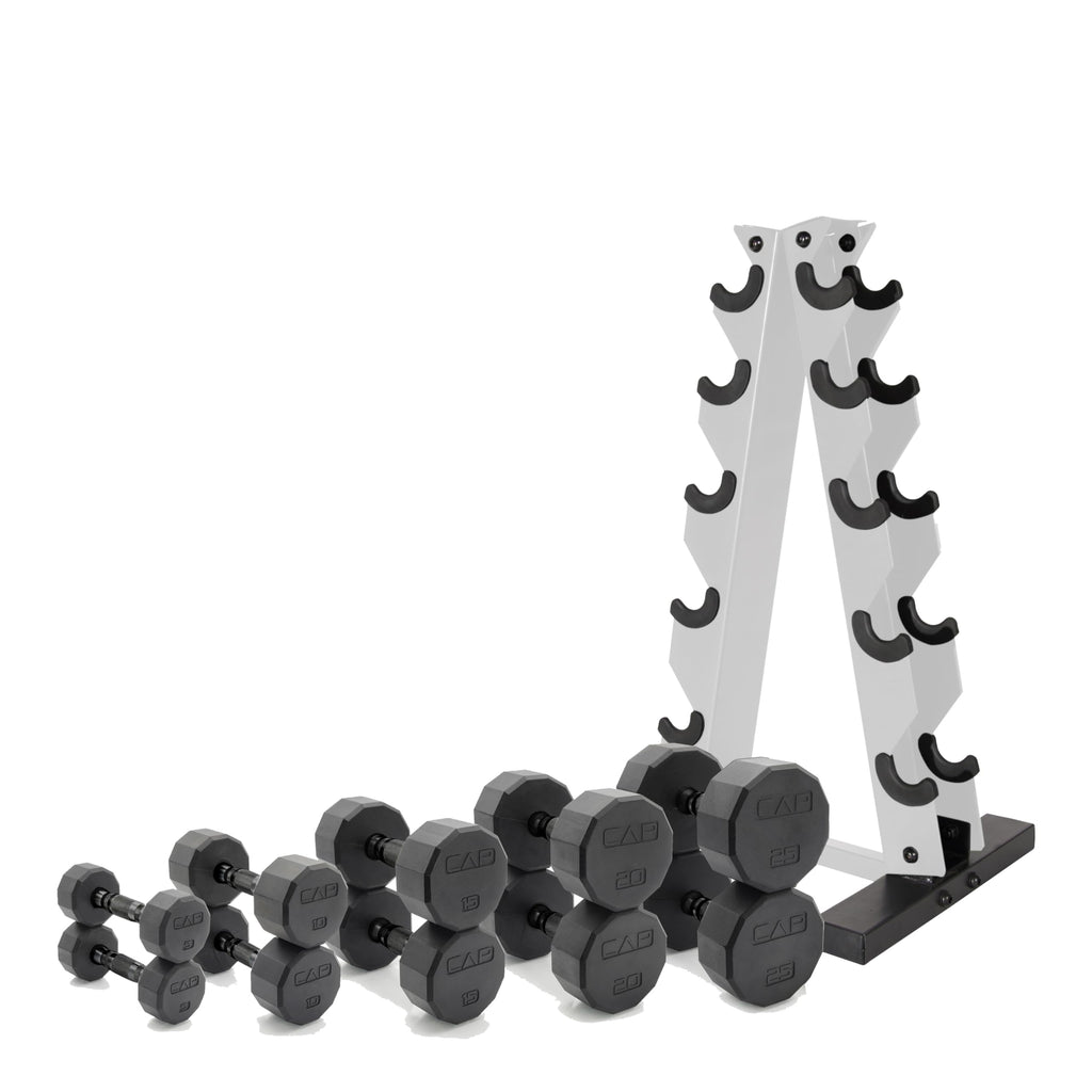 CAP Barbell 150 LB Black Handle Coated 12-Sided Dumbbell Set with Vertical White Rack
