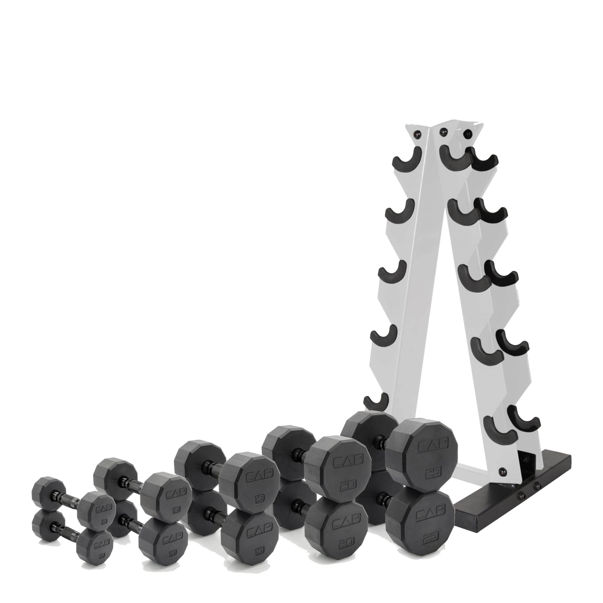 CAP Barbell 150 LB Black Handle Coated 12-Sided Dumbbell Set with Vertical White Rack