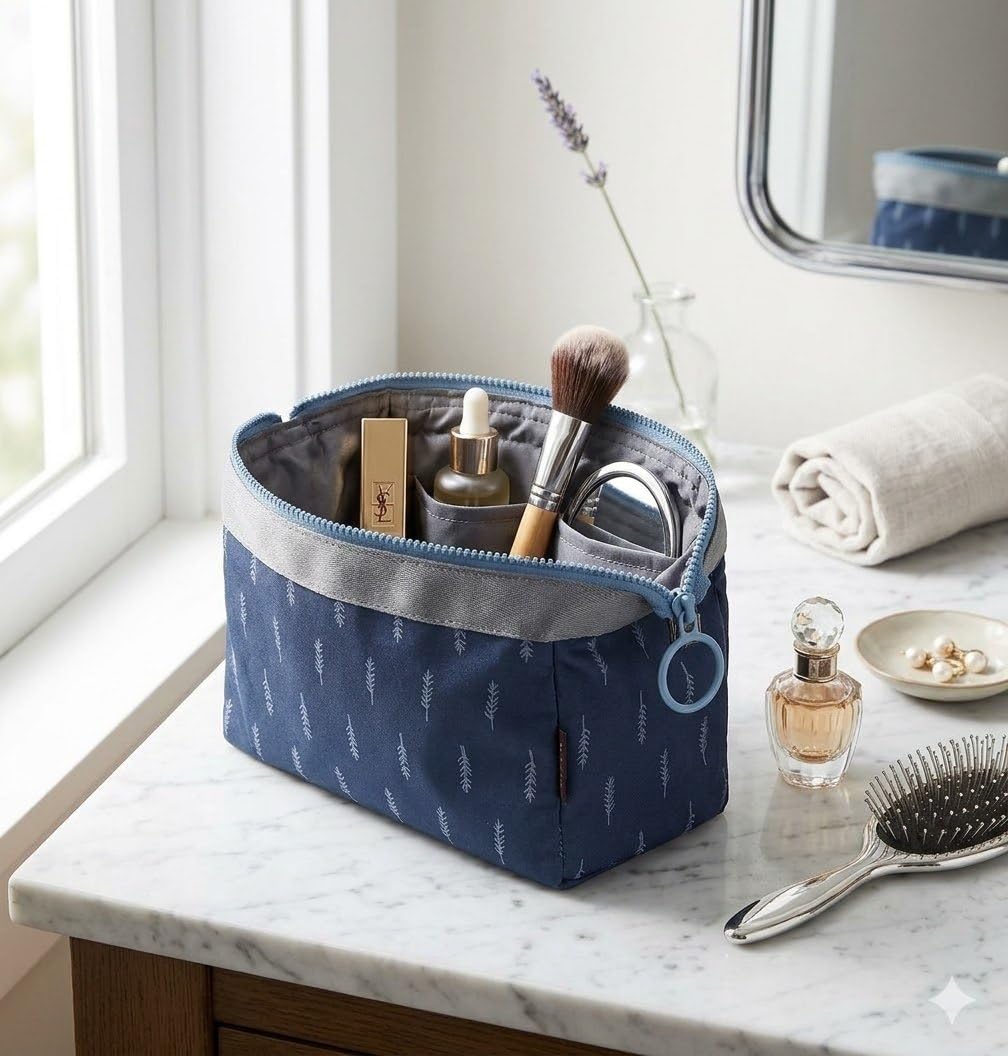 Naylon Cosmetic Toiletry Makeup Pouch With Portable Travel Multipurpose WaterResistant Zipper Makeup Brush Bags  Blue Leaf Tsp