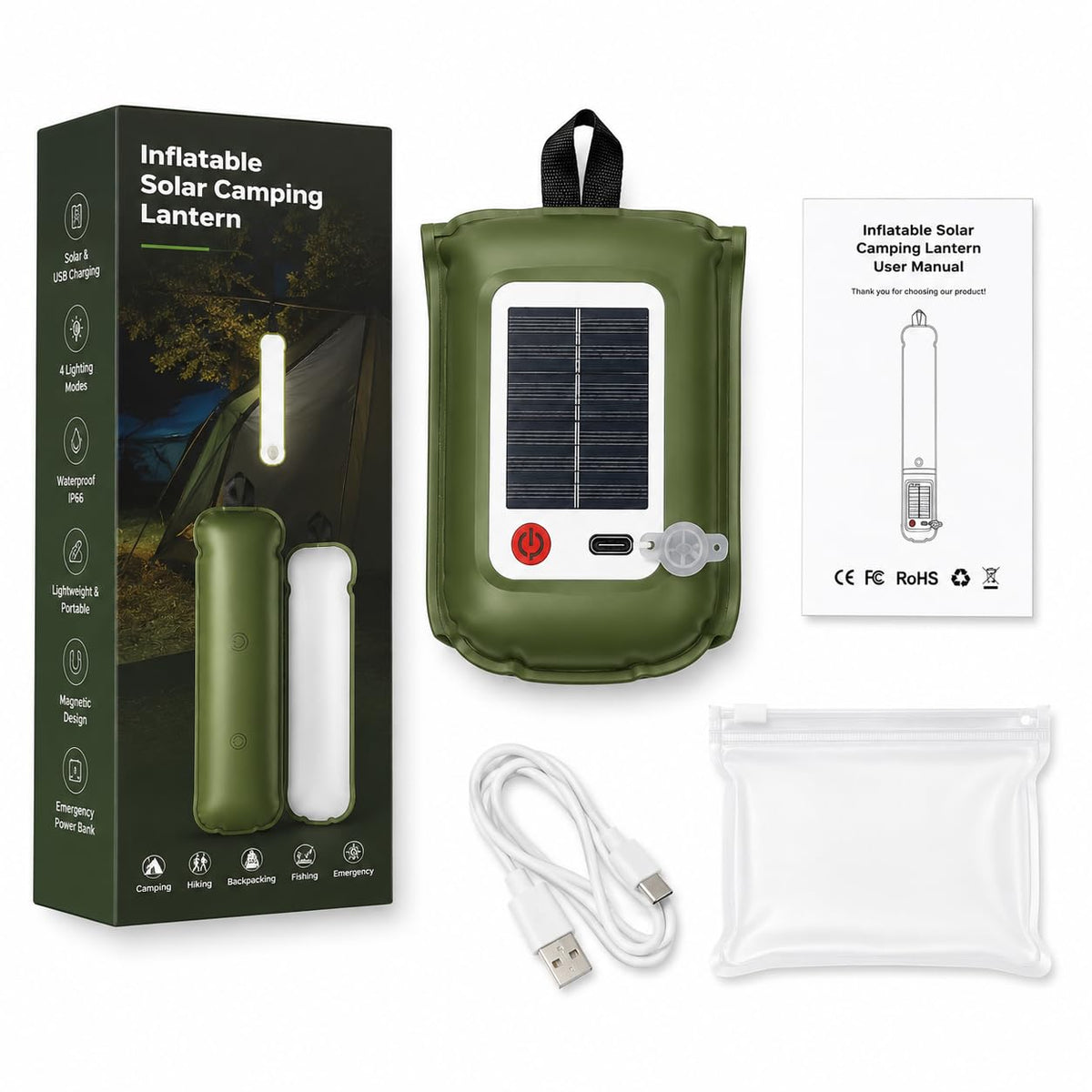Inflatable Solar Camping Lantern, USB Rechargeable LED Camping Light, Portable Waterproof Emergency Tent Light with Hanging Loop