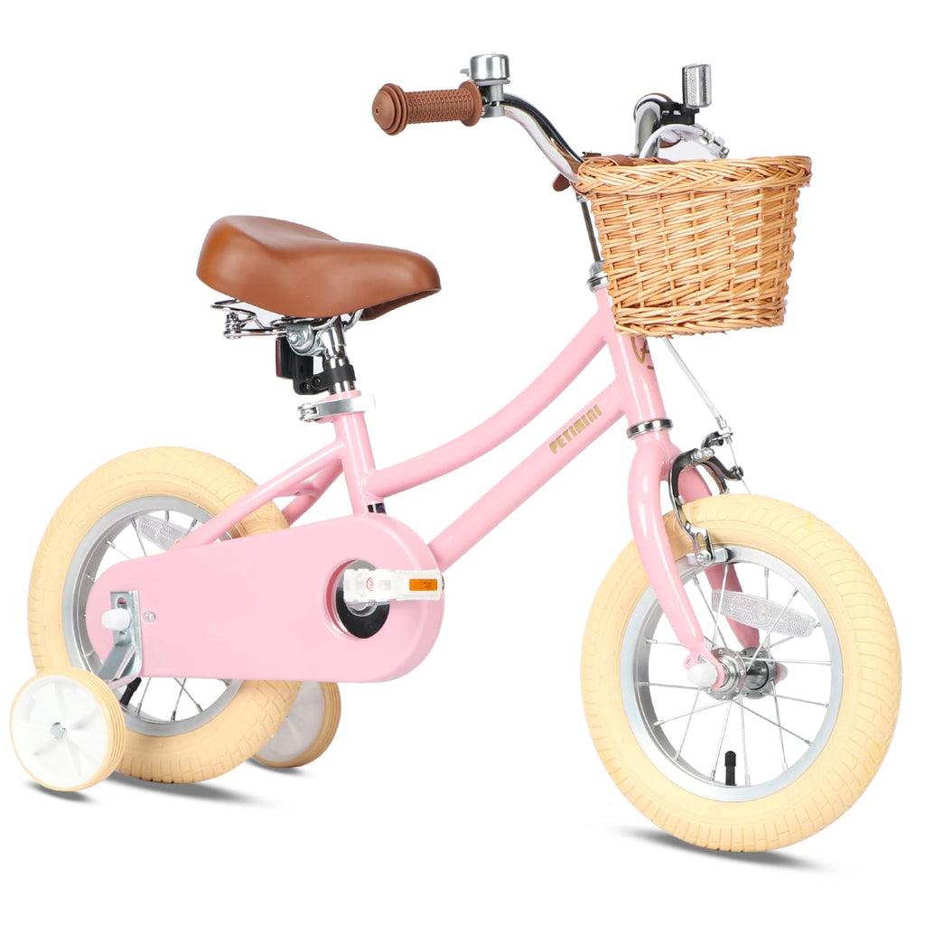 Petimini 14 Inch Little Kids Bike For Age 3 4 5 Years Old Girls Retro Vintage Style Bicycles With Basket Training Wheels And Bel