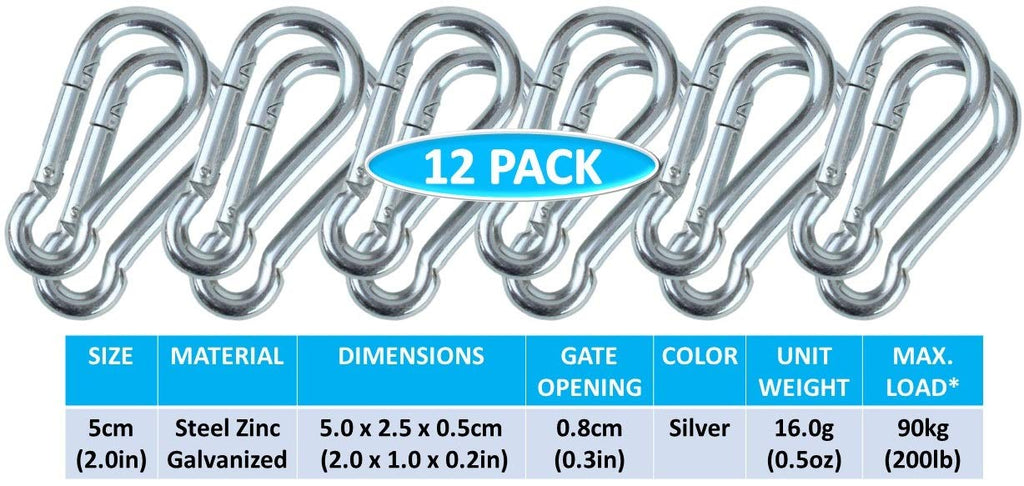 Branded Boards Black & Silver Heavy Duty Zinc-Galvanized Steel Carabiner Spring Snap Clip Link Hooks. 200-400Lb Load. 6 Packs, 1