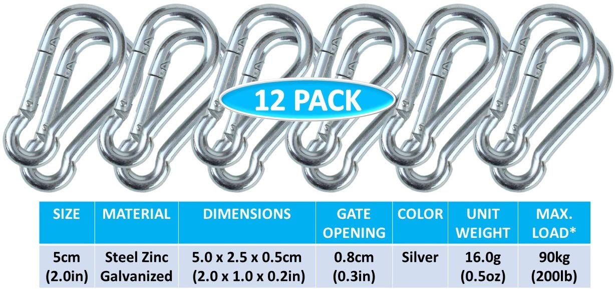 Branded Boards Black & Silver Heavy Duty Zinc-Galvanized Steel Carabiner Spring Snap Clip Link Hooks. 200-400Lb Load. 6 Packs, 1