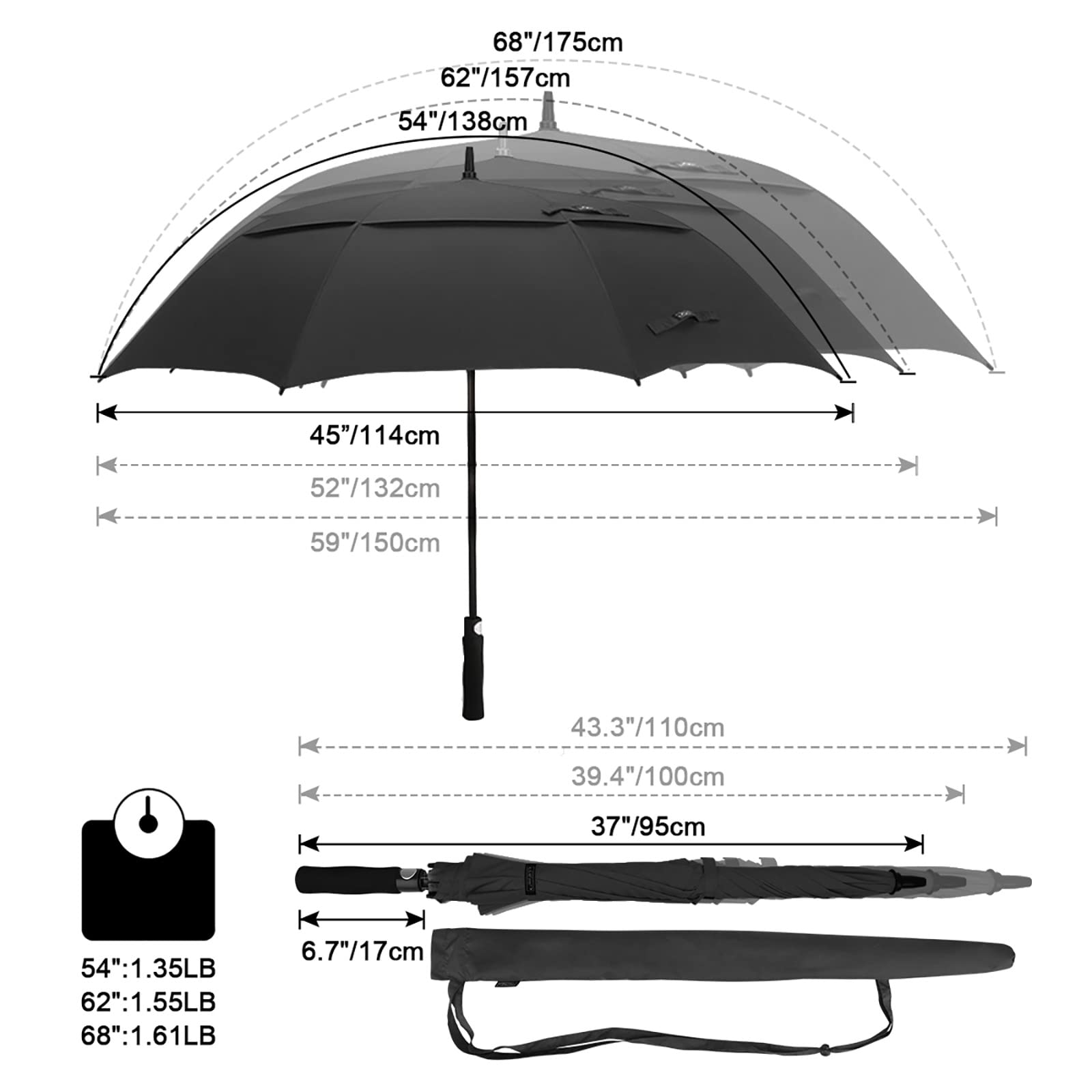 G4Free 68 Inch Automatic Open Golf Umbrella Extra Large Oversize Double Canopy Vented Windproof Waterproof Stick Umbrellas(Black