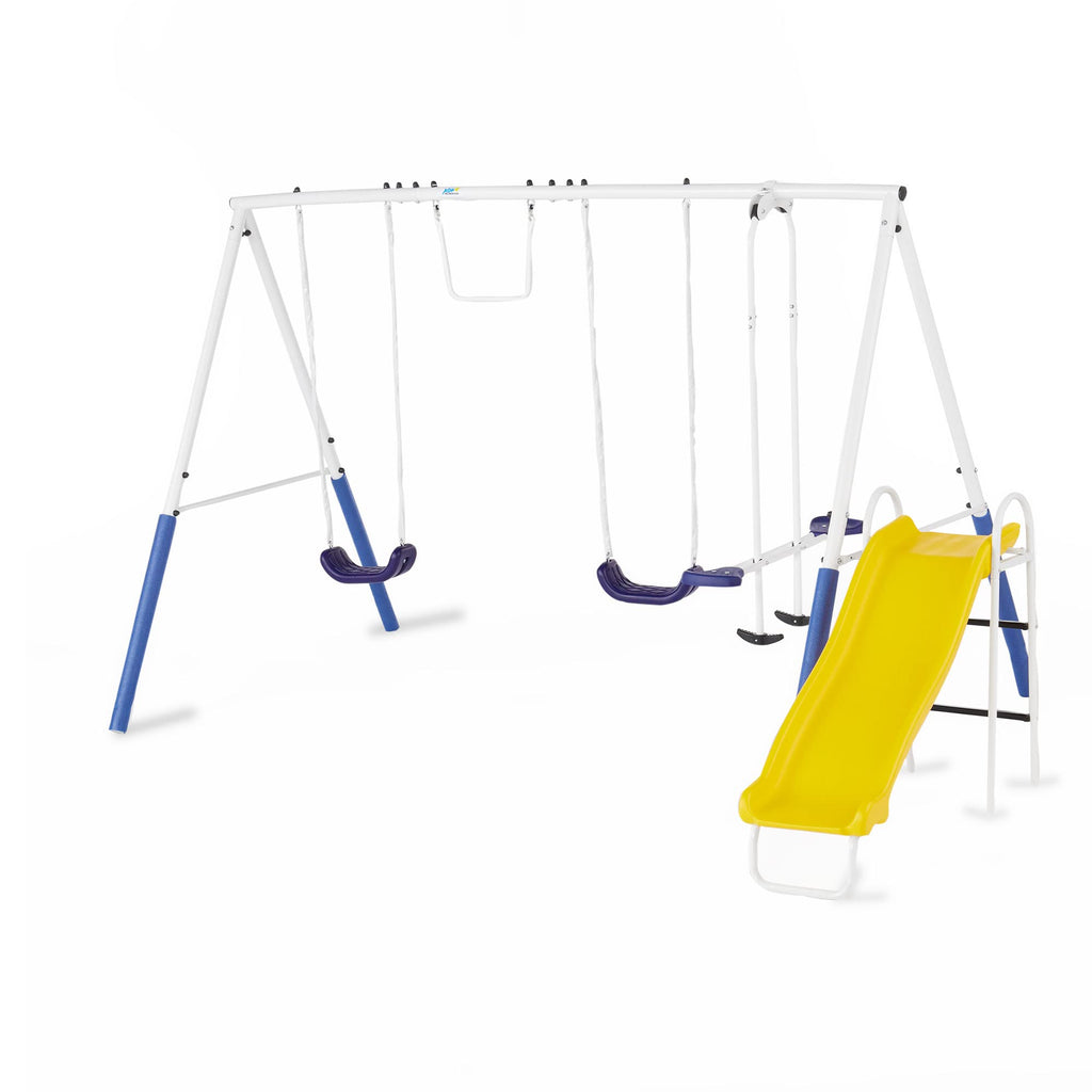 Xdp Recreation Blue Ridge Backyard Playground Set Sturdy Metal A Frame Swing With Chain Covers, Glider, Trapeze, 2 Swings, And S