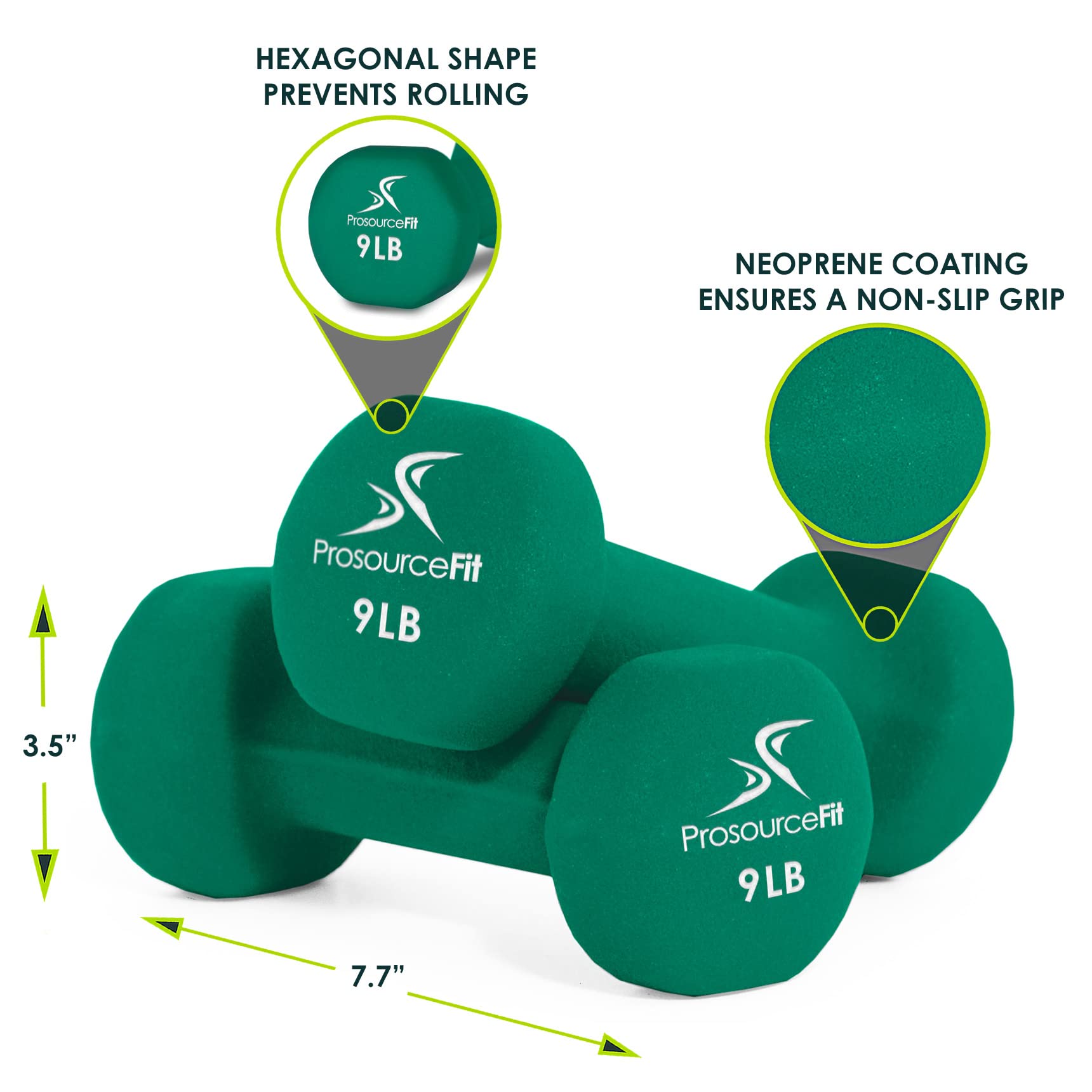 Prosourcefit Set Of 2 Neoprene Dumbbell Coated For Non-Slip Grip, Green - 9Lb