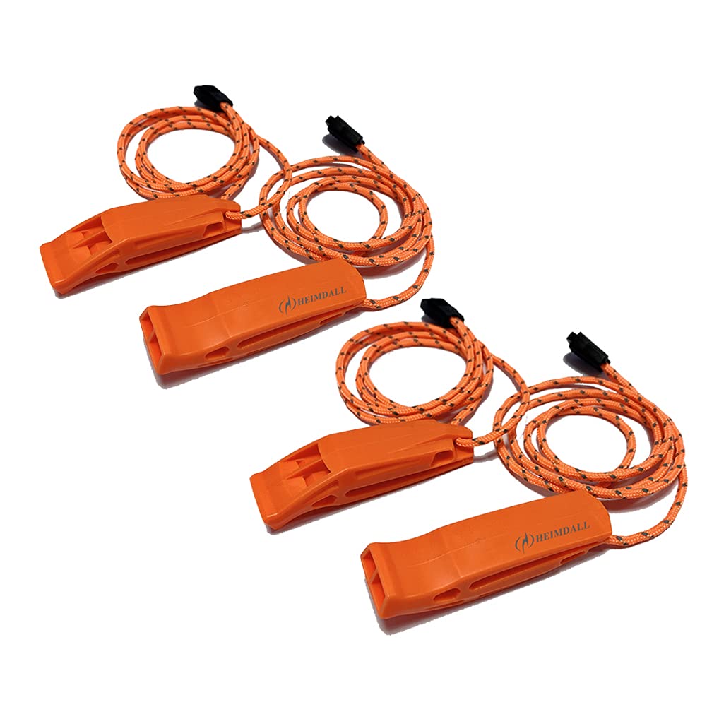 Heimdall Emergency Whistle With Lanyard For Safety Boating Camping Hiking Hunting Survival Rescue Signaling (Orange-4 Pack)