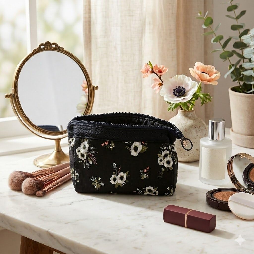 Cosmetic Toiletry Makeup Pouch With Portable Travel Multipurpose WaterResistant Zipper Makeup Brush Bags  Black Flower Aspbf3