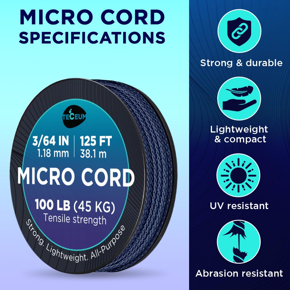 Teceum Micro Paracord - Navy Blue - 1.18 Mm X 125 Ft - Micro Utility Cord - Thin Braided Paracord Rope Nylon Polyester - Wind Ch