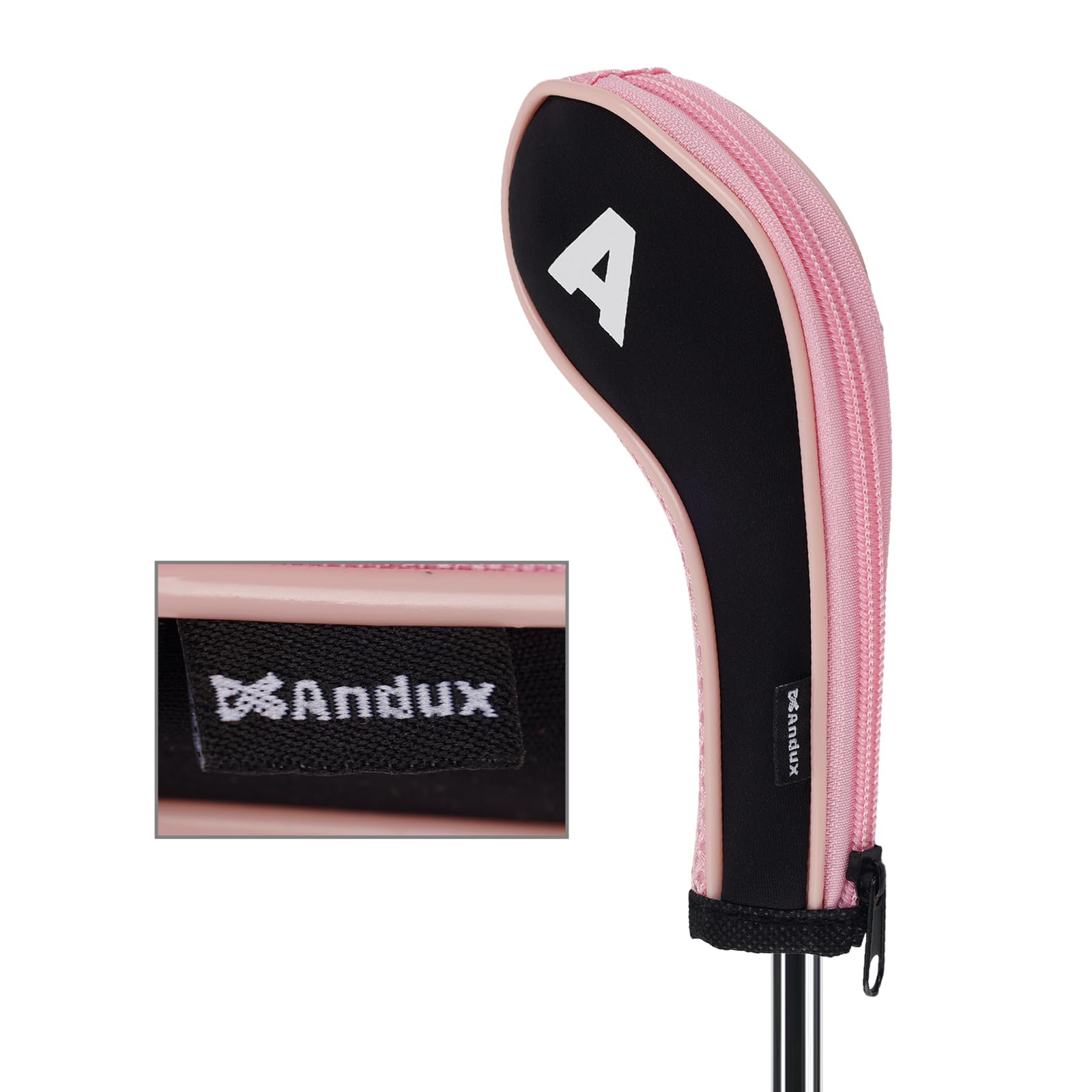 Andux Number Print Golf Iron Club Head Covers Long Neck With Zipper 12Pcs/Set Black/Pink