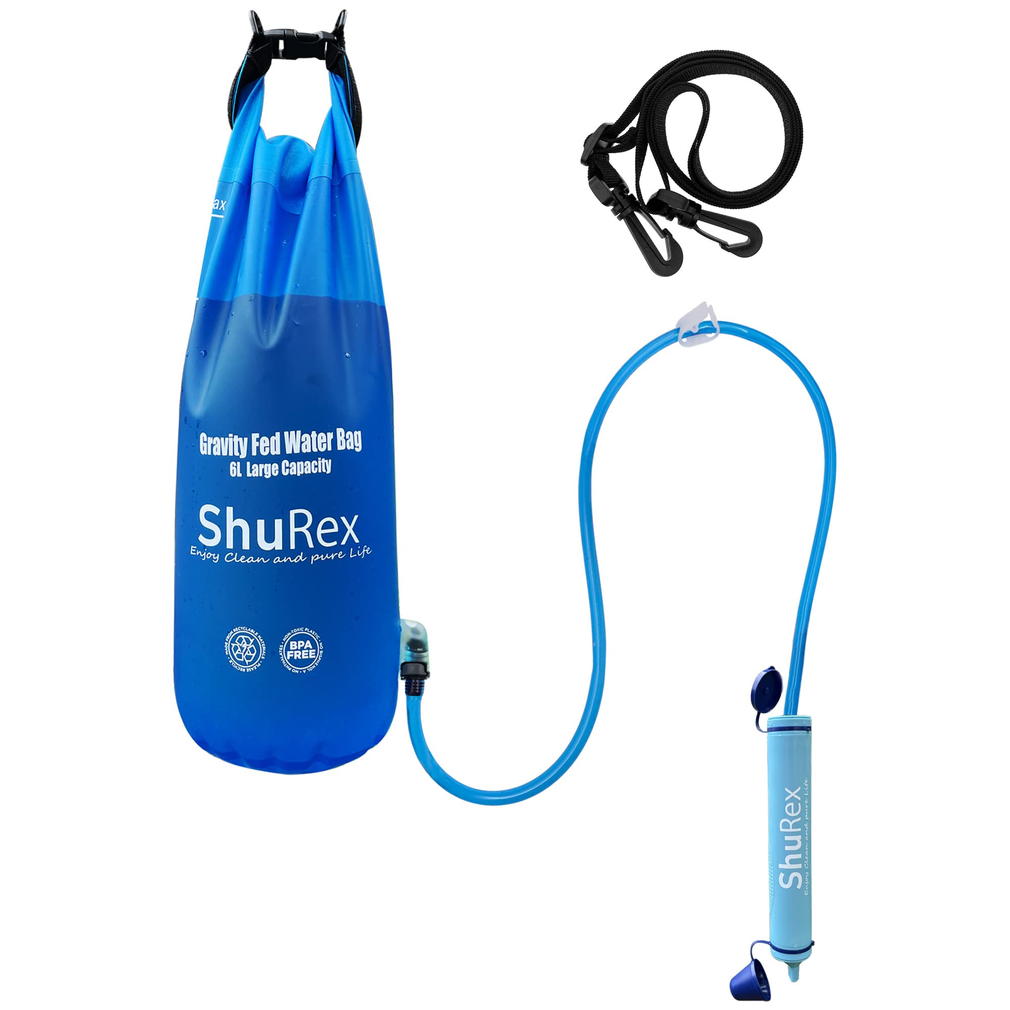 ShuRex Gravity Fed Water Filtration System with Adjustable Tree Strap, 1.5 Gal Large Gravity Bag with Filter Straw, Water Purifi