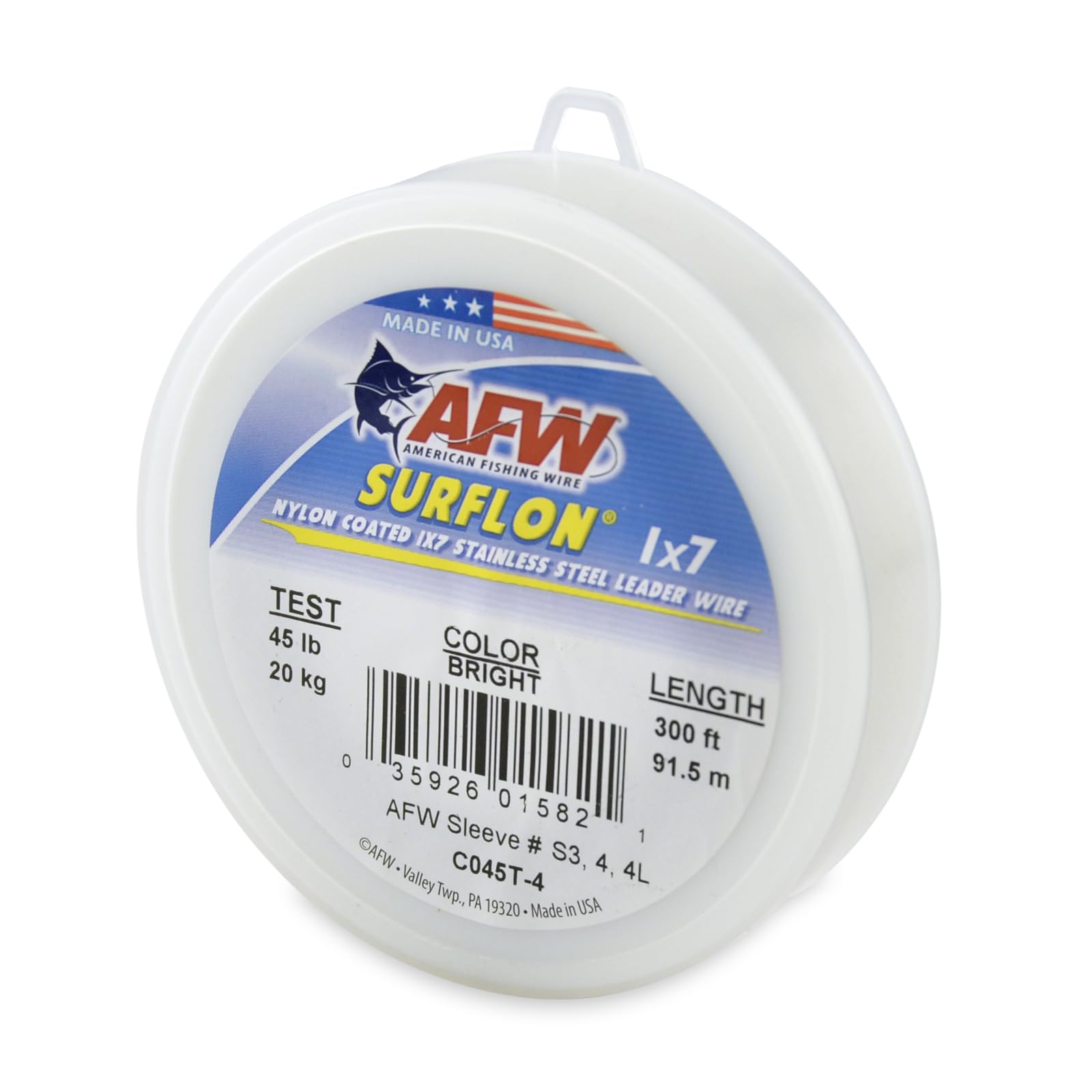 American Fishing Wire Surflon, Nylon Coated 1X7 Stainless Steel Leader Wire, 45 Lb Test, .028 Diameter, Bright, 300 Ft