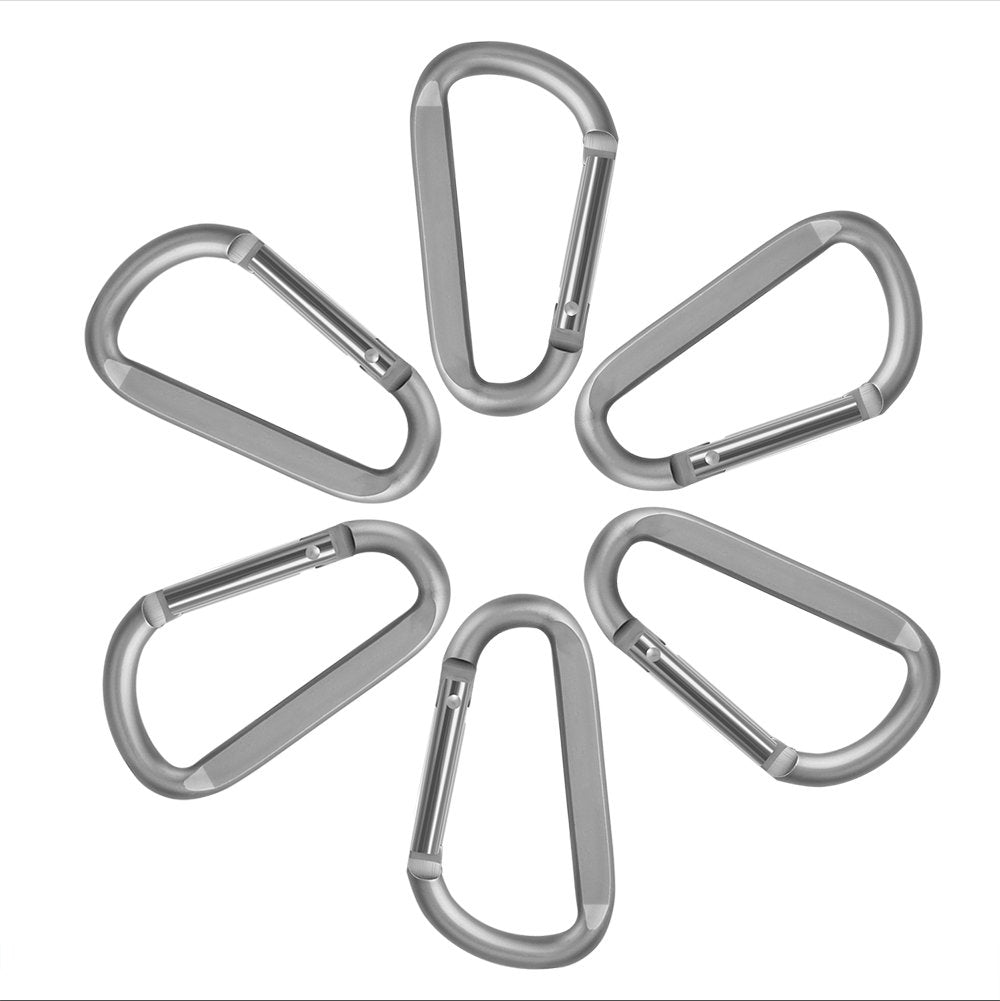 6Pcs Carabiner Caribeaner Clip,3'' Large Aluminum D Ring Shape Carabeaner With 6Pcs Keyring Keychain Hook (Grey)