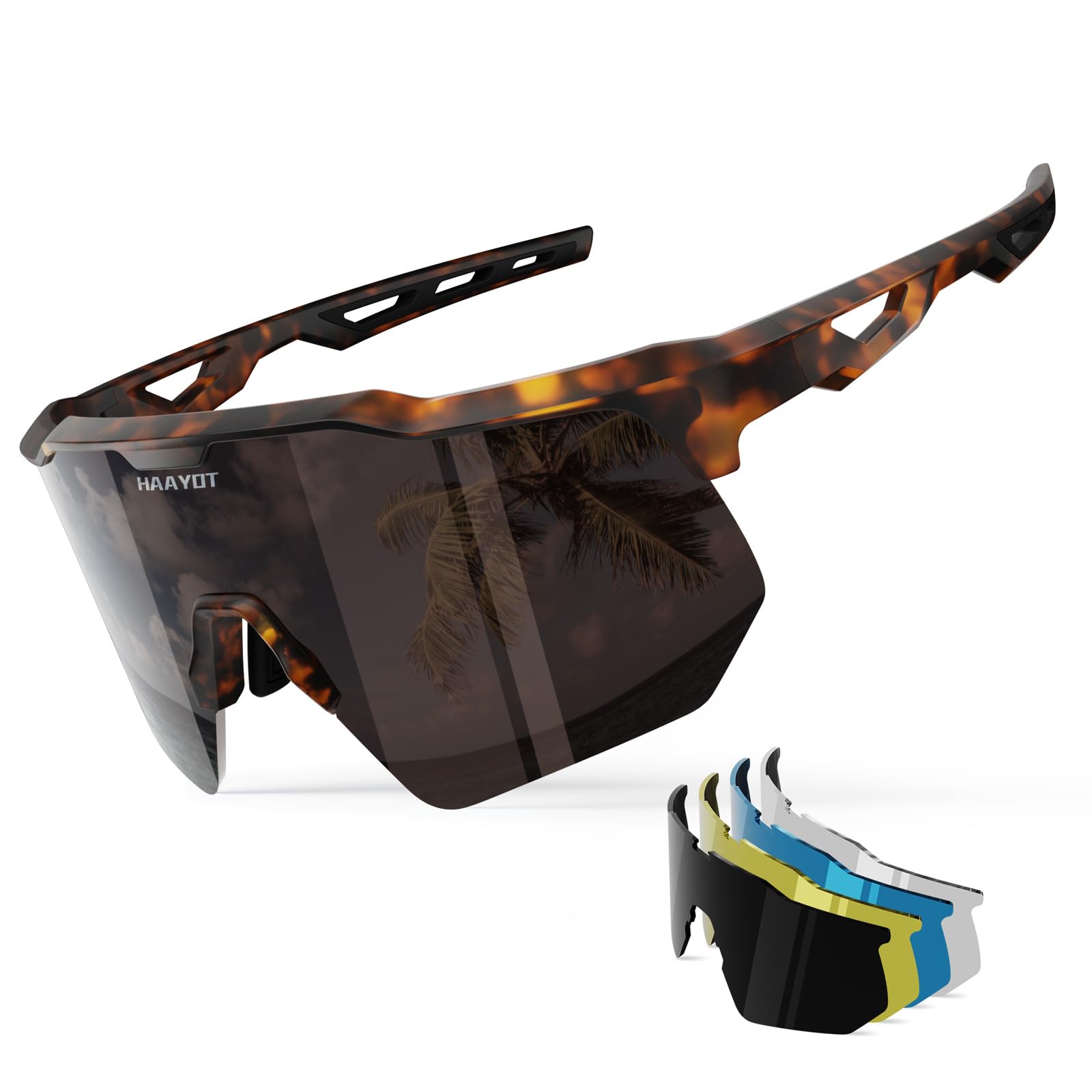 Haayot Polarized Cycling Glasses,Sports Sunglasses For Men Women,Baseball Biking Running Fishing Sunglasses With 5 Interchangeab