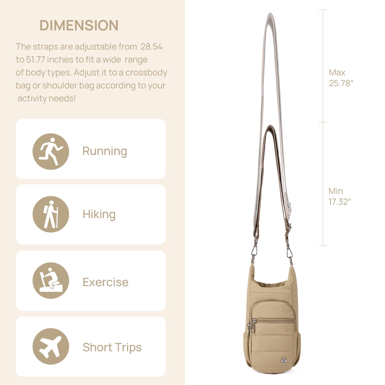 Telena Water Bottle Holder With Strap Crossbody Bags For Women For Walking, Hiking, Cycling Khaki