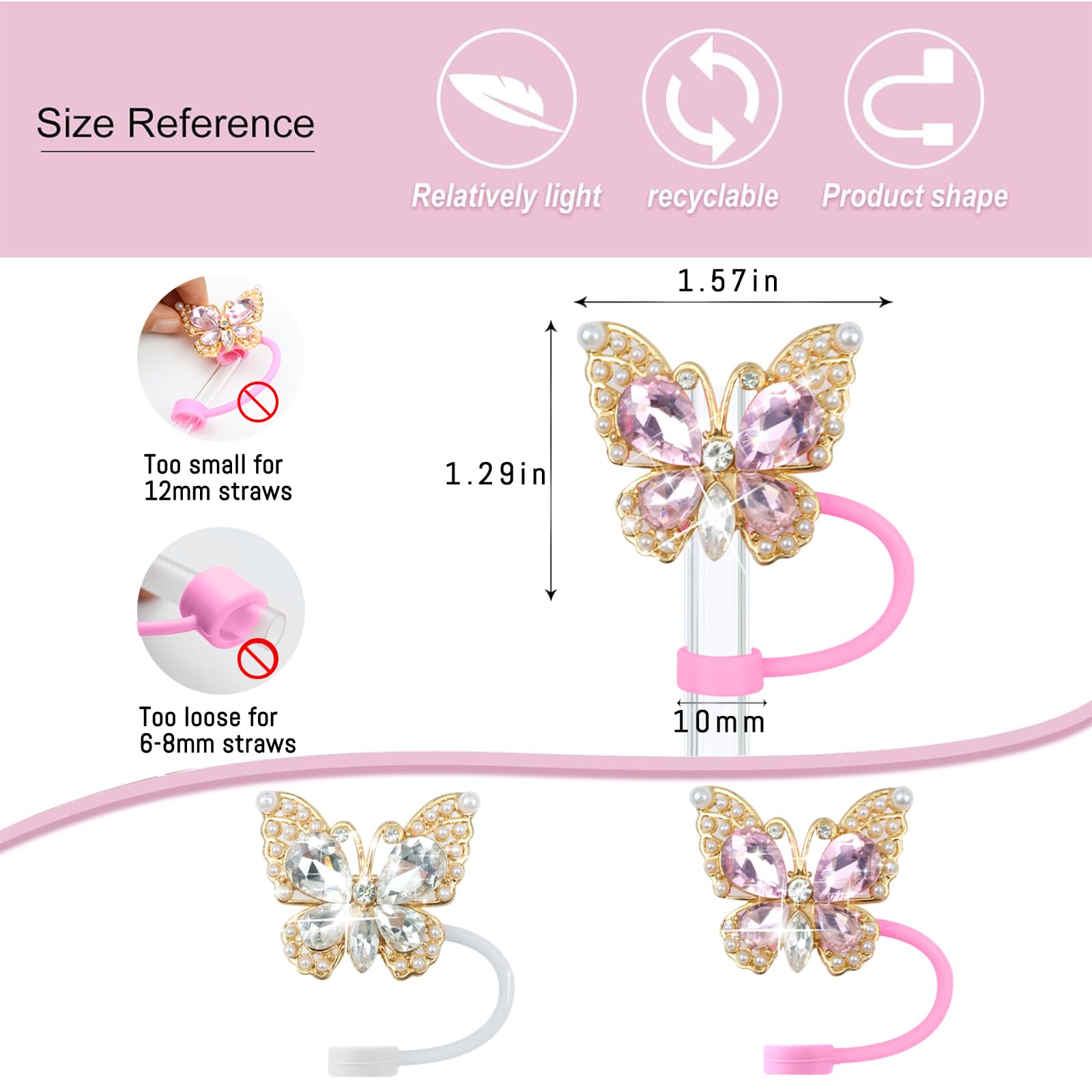 SEMATA 2PCS Cute Butterfly Straw Cover Cap for Stanley Cup Accessories,Bling Crystals Straw Toppers for Stanley Tumbler 40&30 oz