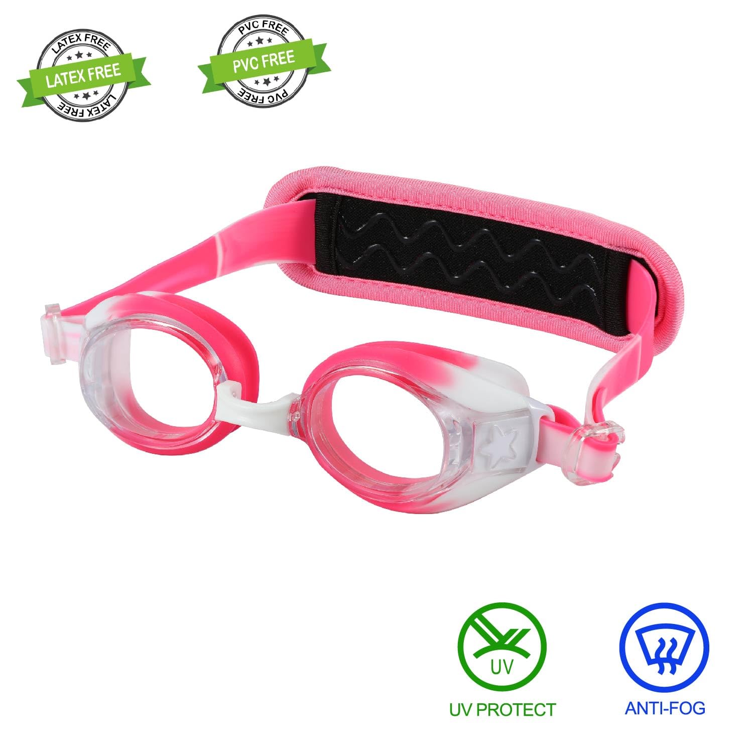RUIGAO Kids Swim Goggles Age 2-6, Toddler Goggles No Hair Pull,UV Protection/Anti Fog/Padded HeadBand (1PK Extra - Pink Princess
