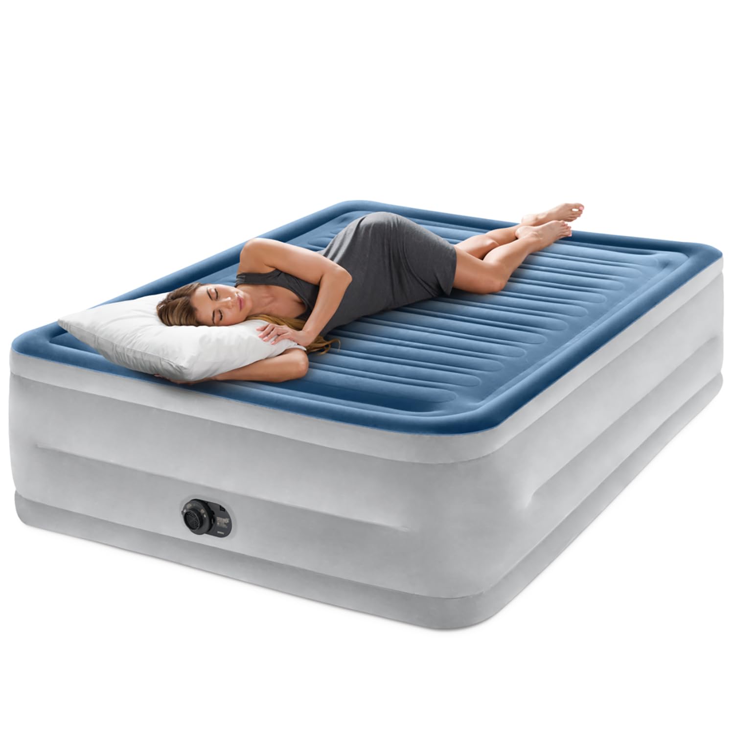 Intex: Dura-Beam Deluxe Comfort-Plush Air Mattress - 22'' Queen Blue - Built-In Electric Pump, Durable Fiber-Tech, Carry Bag Inc