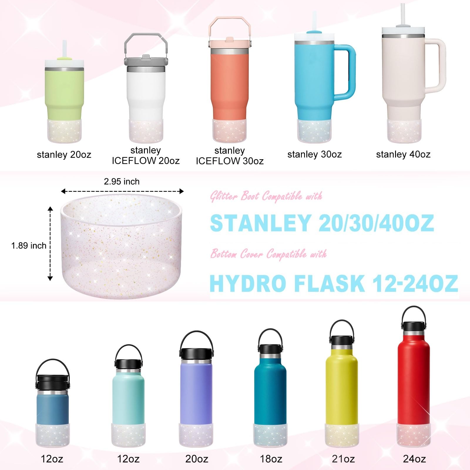 Silicone Boots For Stanley Cup 20-40 Oz, Glitter Boot For Stanley Iceflow 20 30 Oz, Bottom Protector Sleeve For Hydroflask 12-24