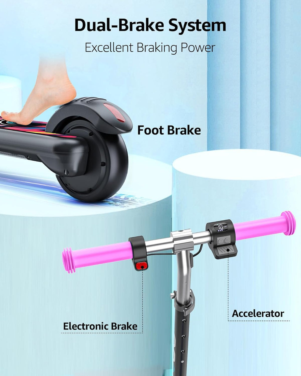 Gyroor Electric Scooter for Kids, E-Throttle 150W Motor LED Display, H30Max-Pink