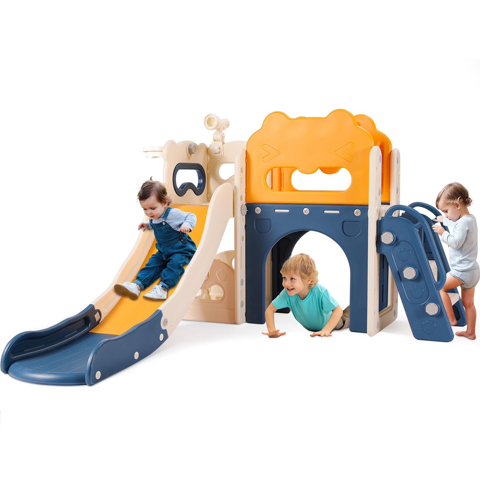 MAMIZO 8-in-1 Large Toddler Slide, L-Shaped Kids Slide with Long Slope, Baby Climber Playset w/Enclosed Steps, Telescope, Basket