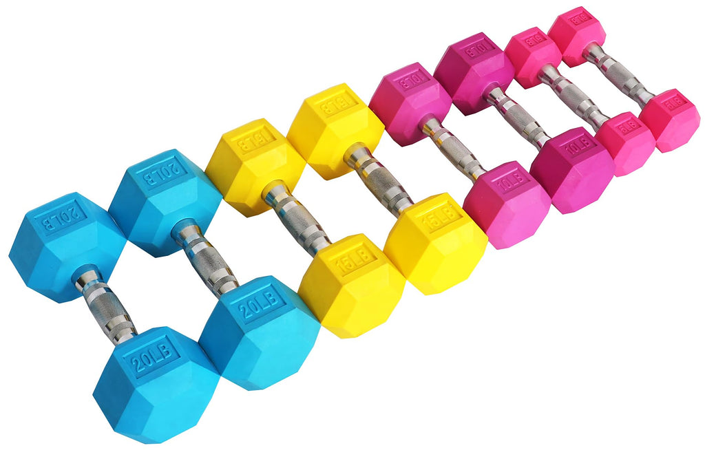 Fitvids Colored Rubber Encased Hex Dumbbell, Set Including 5, 10, 15, 20Lb Pairs
