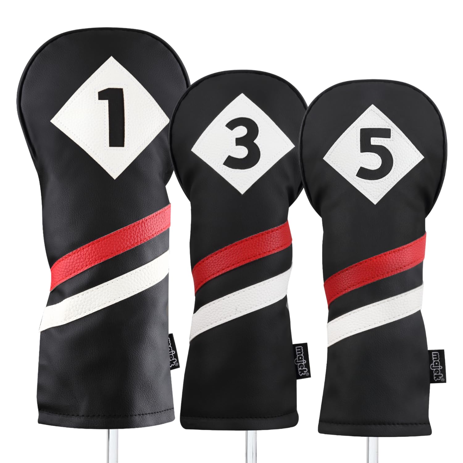 Majek Retro Golf Headcovers Black Red And White Vintage Leather Style 1 3 5 Driver And Fairway Head Covers Fits 460Cc Drivers Cl