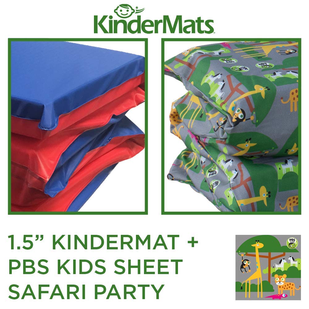 Kindermat 1.5'' Thick + Pbs Kids Kinderbundle - Washable Cover, Special Edition - Safari Party - Regular, Sheet Is 47'' X 22'',