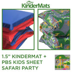 Kindermat 1.5'' Thick + Pbs Kids Kinderbundle - Washable Cover, Special Edition - Safari Party - Regular, Sheet Is 47'' X 22'',