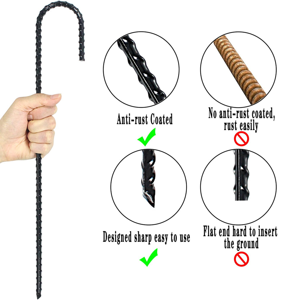 16 Inch Ground Rebar Stakes, J Hook Extra Heavy Duty Rust Proof Coated Steel Ground Anchors With Chisel Point End For Camping Te