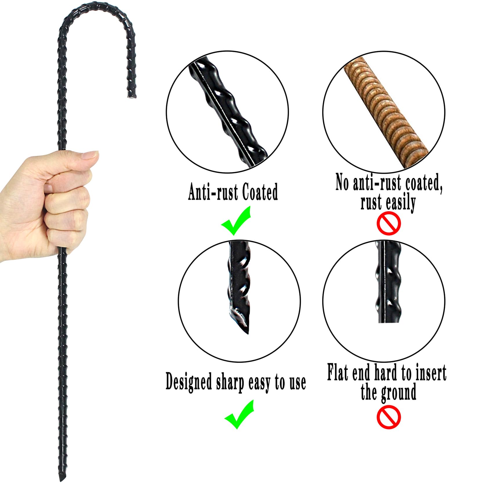16 Inch Ground Rebar Stakes, J Hook Extra Heavy Duty Rust Proof Coated Steel Ground Anchors With Chisel Point End For Camping Te