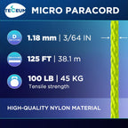Teceum Micro Paracord - Fluo Green - 1.18 Mm X 125 Ft - Micro Utility Cord - Thin Braided Paracord Rope Nylon Polyester - Wind C