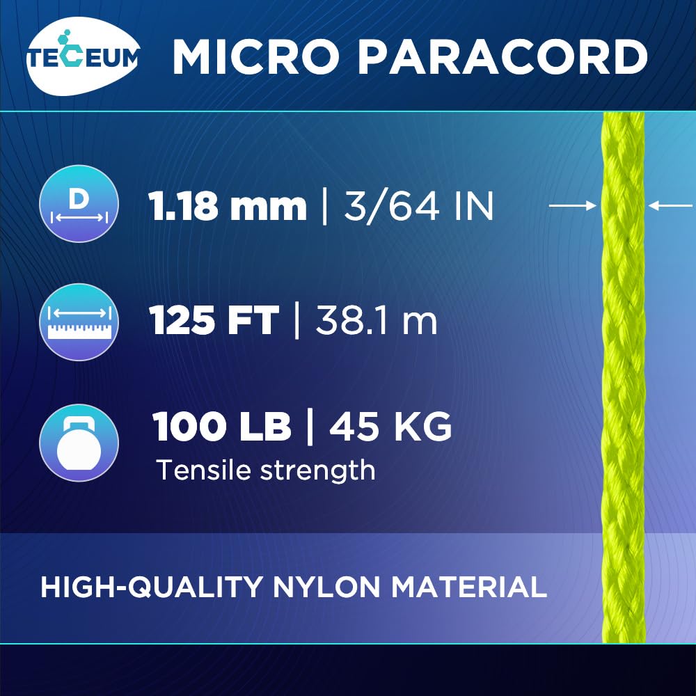 Teceum Micro Paracord - Fluo Green - 1.18 Mm X 125 Ft - Micro Utility Cord - Thin Braided Paracord Rope Nylon Polyester - Wind C