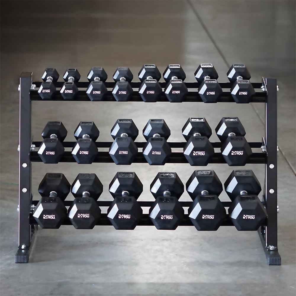 Healthy You Rubber Hex Chrome Dumbbell Complete Package Set 2 Each Of 5-40 Lbs With Rack (10 Sets 400Lbs)