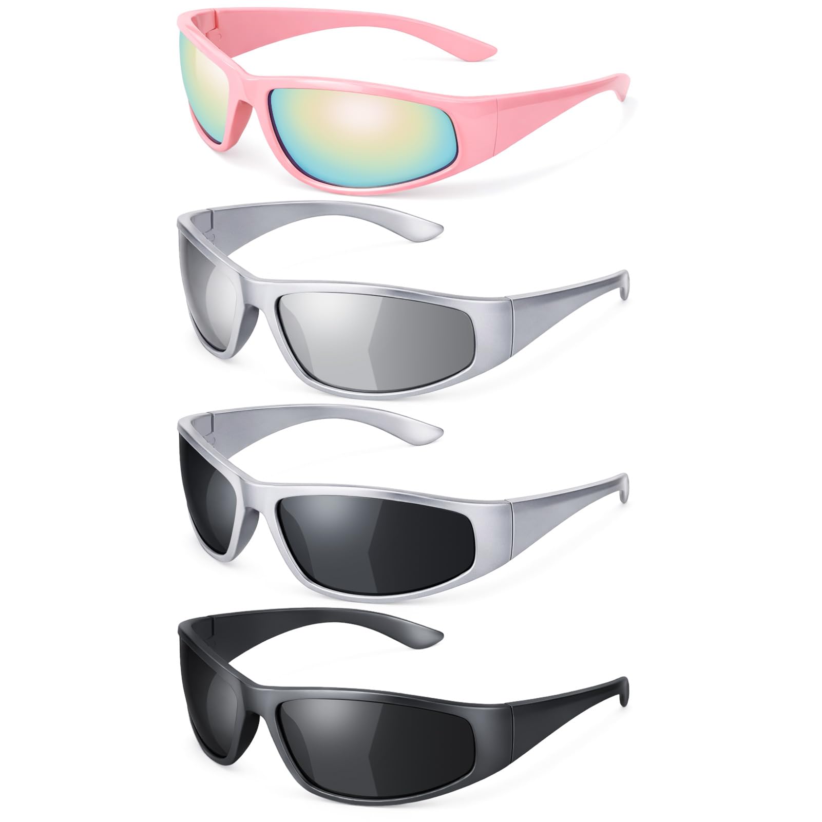 GGSTDDUP 4 Pack Y2K Wrap Around Sunglasses for Men Women Sliver Oval Fashion Trendy Sport Shades Sun Glasses Pink Silver Gray Bl