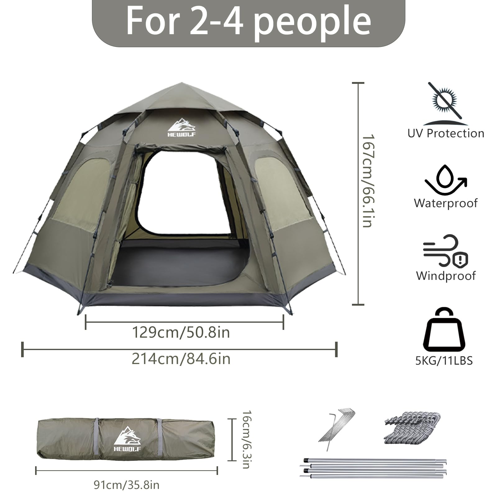 Hewolf 2/3/4 Person Camping Tent - Instant Pop Up Waterproof 2 Doors Tent With Easy Setup | 3-Season Hexagonal Dome Design For F