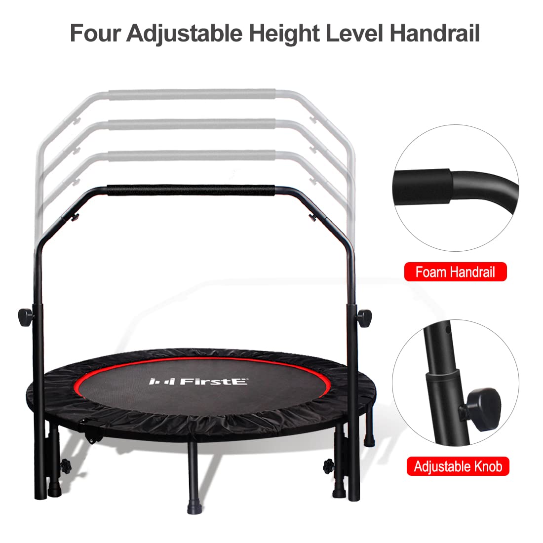 48 Inch Foldable Fitness Trampolines With 4 Level Adjustable Heights Foam Handrail,Jump Trampoline For Kids And Adults Indoor&Ou