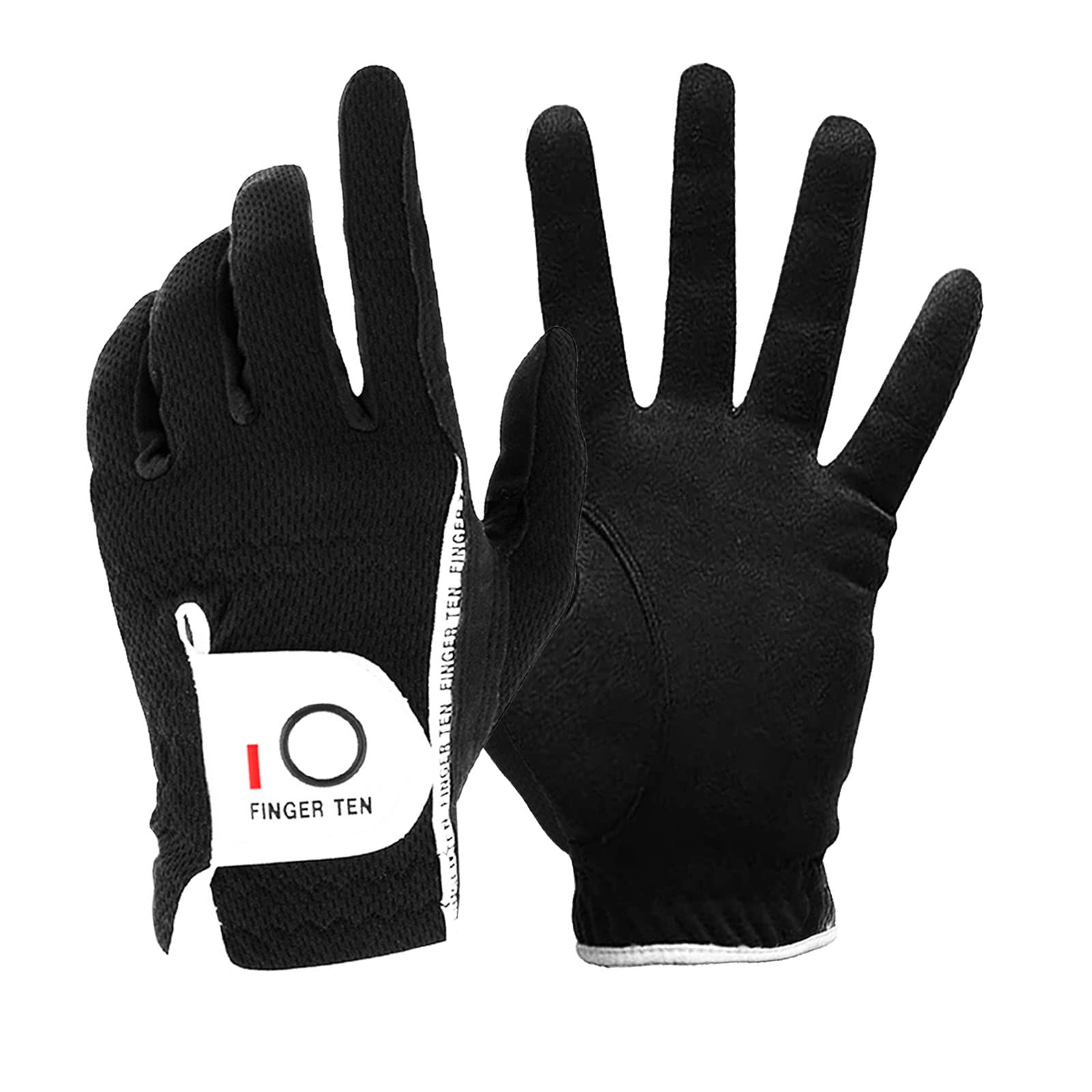 Finger Ten Men? Golf Glove Left Hand Rain Grip Pack, Durable Fit For Hot Wet All Weather (Black, Large)