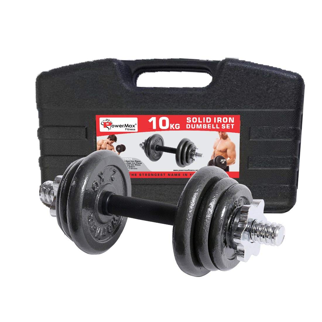 PowerMax Fitness Adjustable Coated Iron Dumbbell and AntiSlip Rod Set with Carry Case For Home Workout , Black