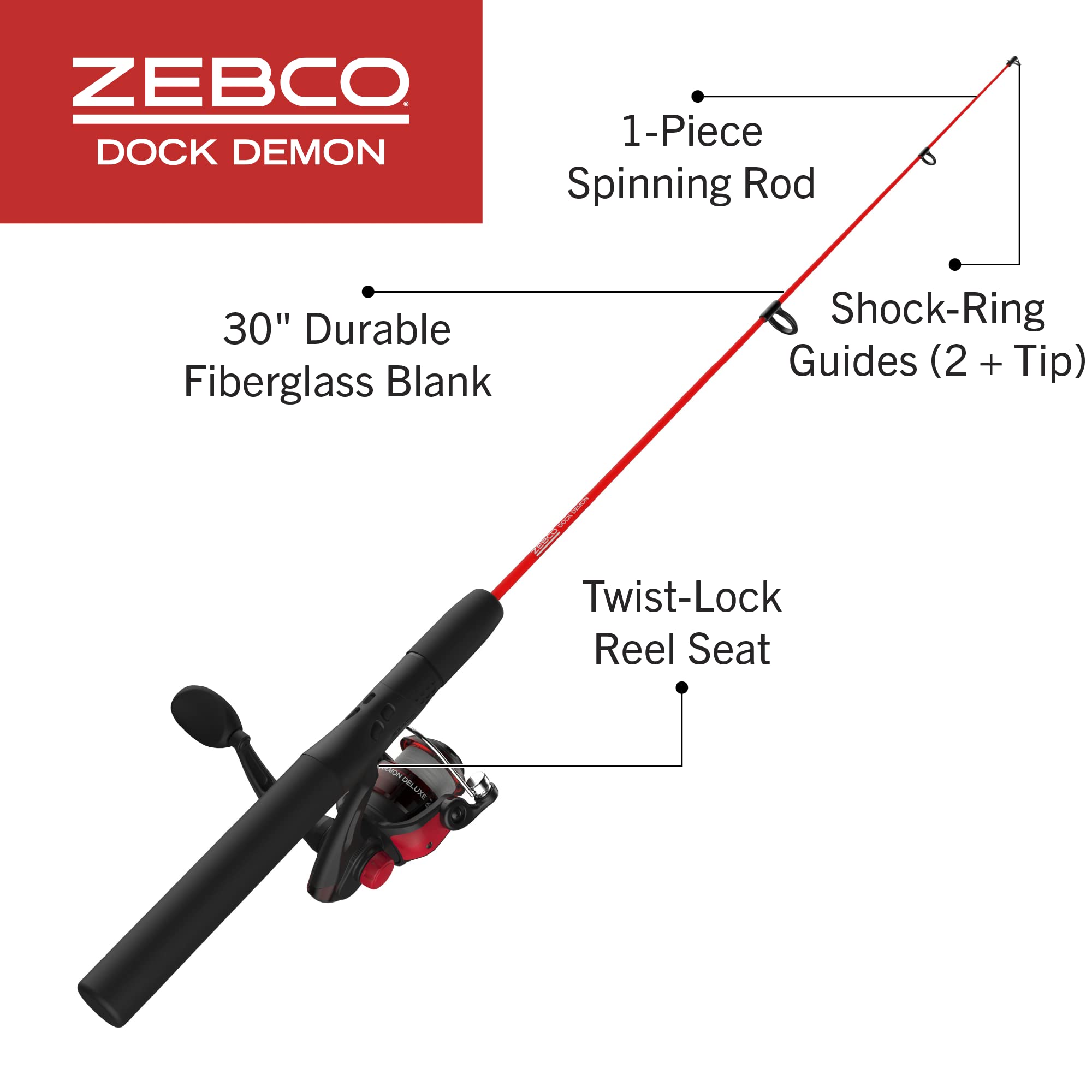 Zebco Dock Demon Spinning Reel And Fishing Rod Combo, 30-Inch 1-Piece Fiberglass Fishing Pole, Eva Rod Handle, Size 10 Reel, Pow