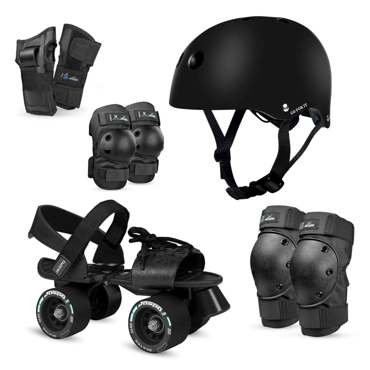 JASPO Insane Pro Adjustable Roller Skates Combo with Helmet & Safety Gear | Lightweight Quad Skates, Unique Ankle Support, 61mm