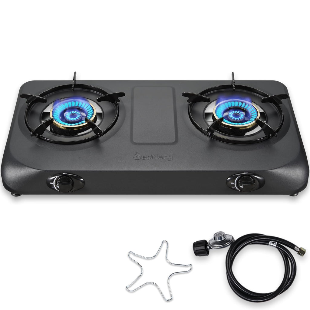 Besnerg Propane Stove 2 Burner Gas Stove Top, 27200 Btu High-Efficiency Lpg Metal Cooktop With Auto Ignition, Csa Regulator And