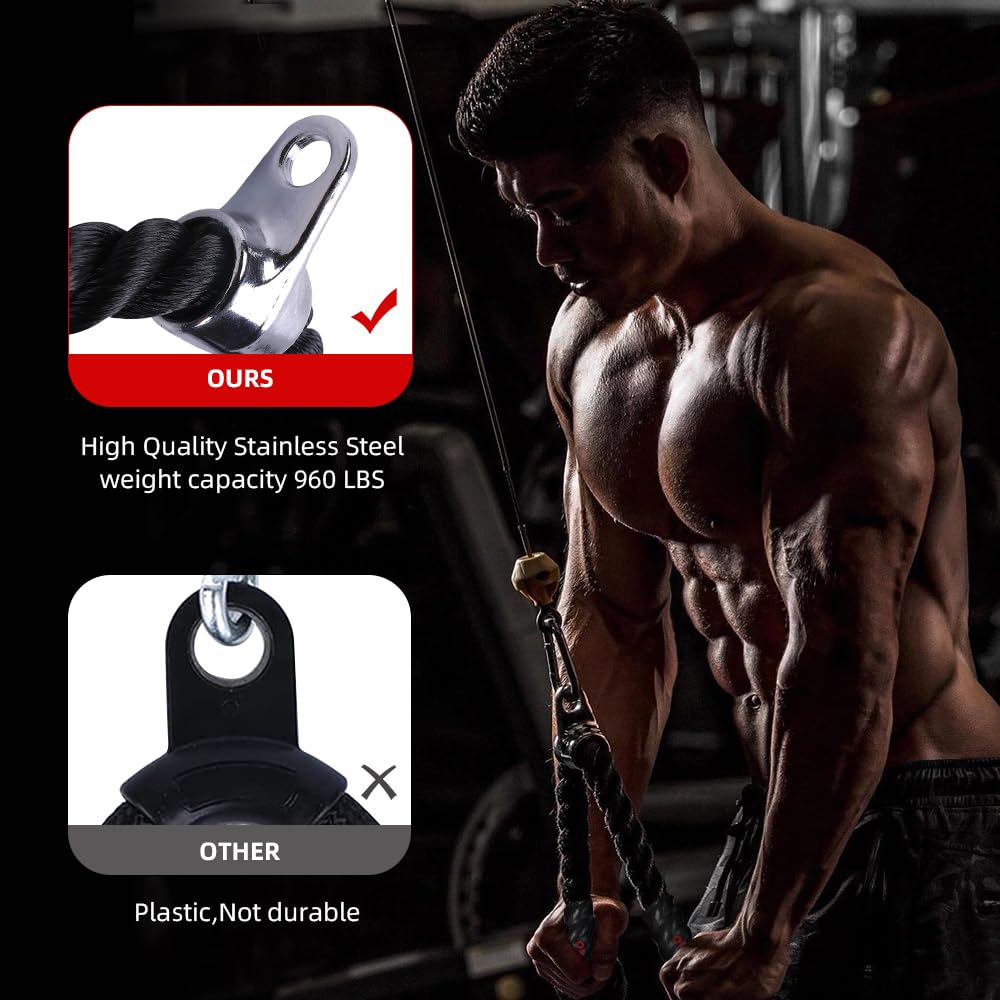 Diaomao Upgraded Tricep Pull Down Rope - Tricep Rope Cable Attachment 35 Inch With Rubber Pad - Stainless Steel Carabiner Clips