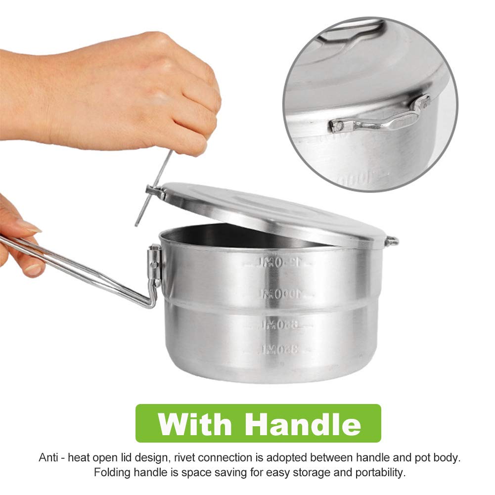 Denpetec Stainless Steel Camping Cook Pot With Lid And Folding Handle Camping Cookware 1.5L Large Capacity Bento Pot For Camping