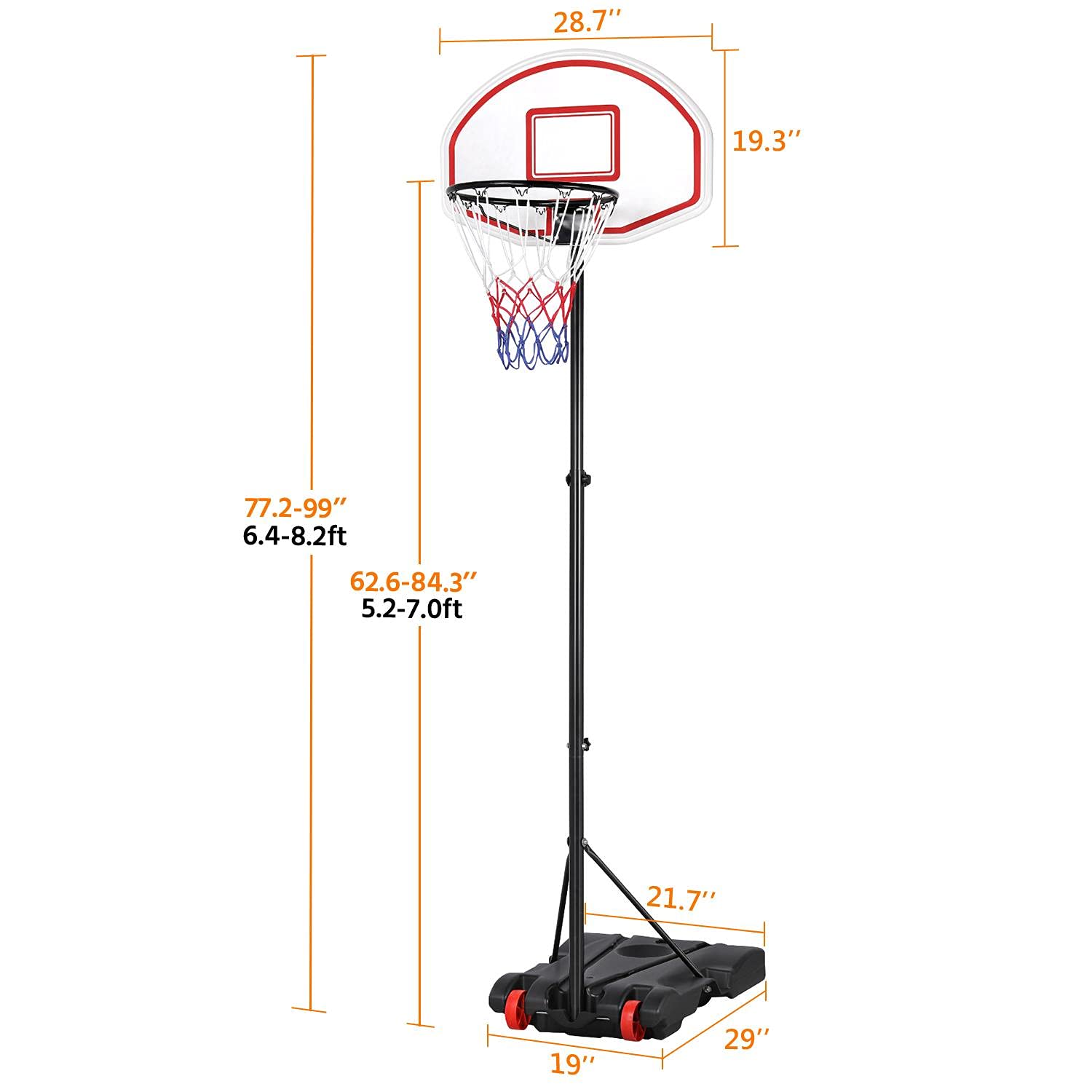 Yaheetech Portable Basketball Hoop System For Youth Indoor Outdoor W/Backboard & Wheels & Fillable Base, 5.2-7 Ft Adjustable Hei