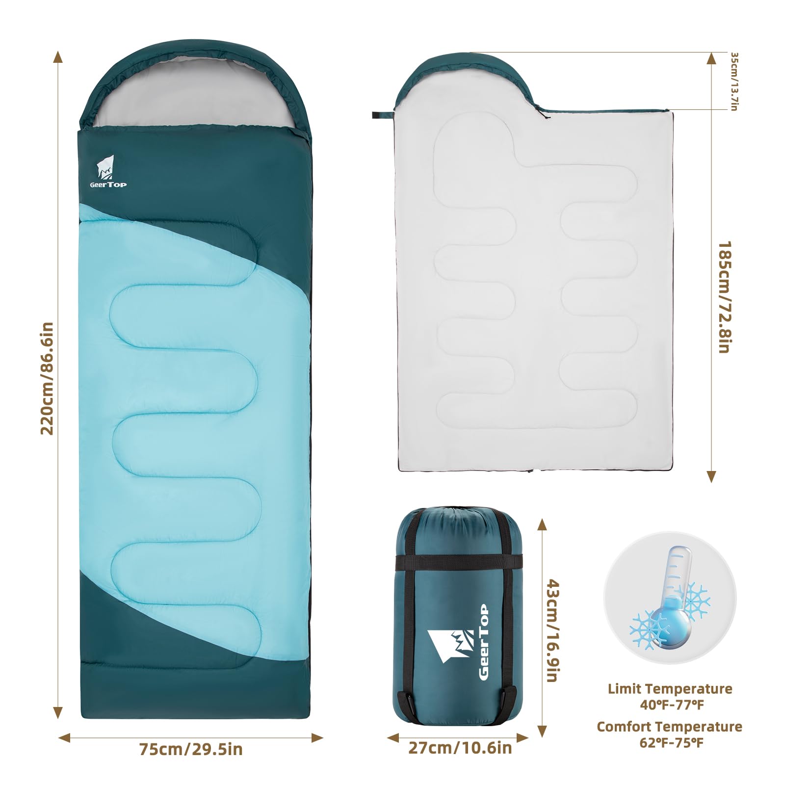 Geertop Camping Sleeping Bag, 3 Season Backpacking Sleeping Bag, Lightweight Portable Warm Cool Weather (Mint)
