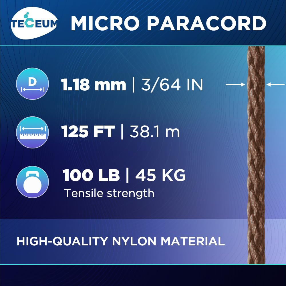 Teceum Micro Paracord - Copper Brown - 1.18 Mm X 125 Ft - Micro Utility Cord - Thin Braided Paracord Rope Nylon Polyester - Wind